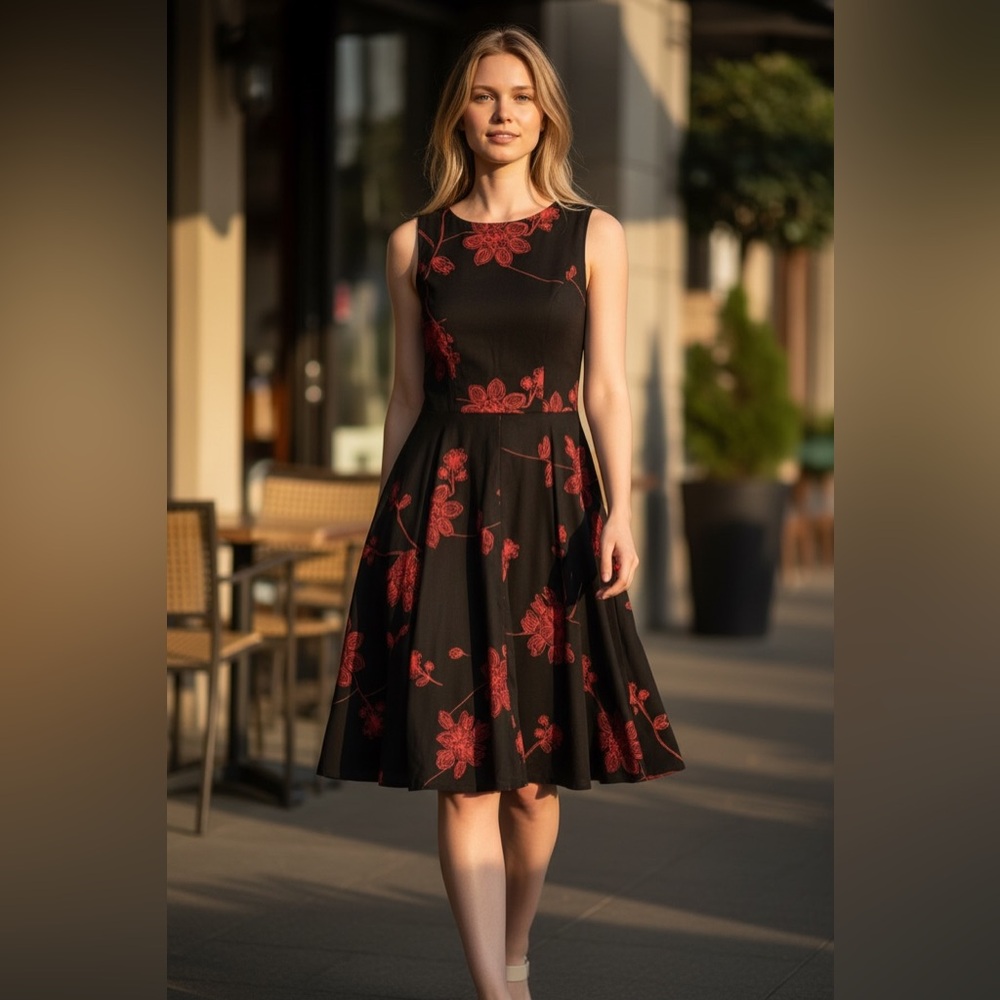 Anni Coco Black and Red  Floral Vintage Style 1950 Swing Whimsigoth Dress Size M